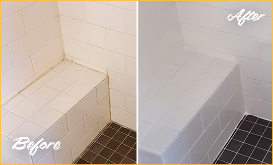 Sir Grout Caulked this Bathroom Shower's Seat Joints to Replace Old Caulking Before and After Picture of Bathroom Caulking on the Shower Seat Joints