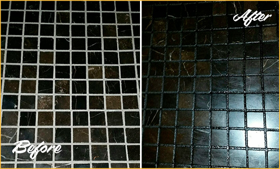 Sir Grout Regrouts this Black Marble Tile Floor to Change Grout Color Before and After Picture of a Black Marble Tile Floor Regrouted to Change Grout Color