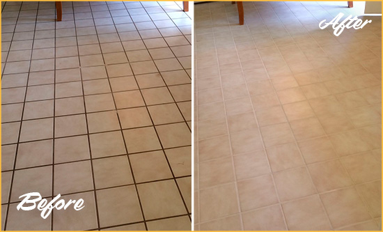 Sir Grout Regrouts this Tile Floor to Eliminate Dirt Build-Up Before and After Picture of a Tile Floor Regrouted to Eliminate Dirt Build-Up