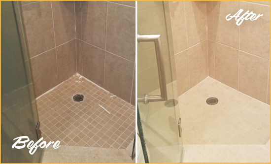 Sir Grout Caulks this Porcelain Tile Bathroom to Avoid Water Leakages Picture of a Porcelain Tile Shower with Damaged Caulking Before and After a Bathroom Recaulking