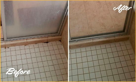 Sir Grout Restored this Shower Floor joints with a Bathroom Recaulking to Replace Damaged Caulk Picture of Damaged Shower Joints Before and After a Bathroom Recaulking