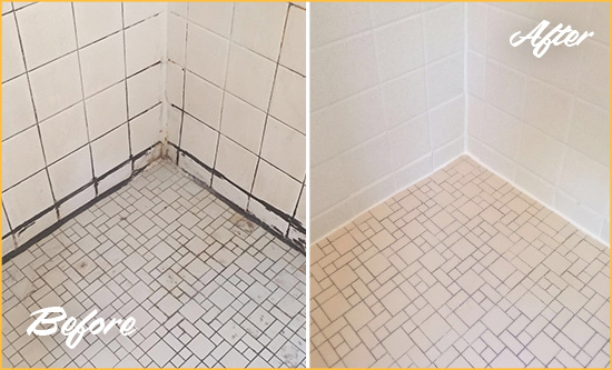 Before and After Picture of Grout Caulking on a Shower with Mold and Mildew