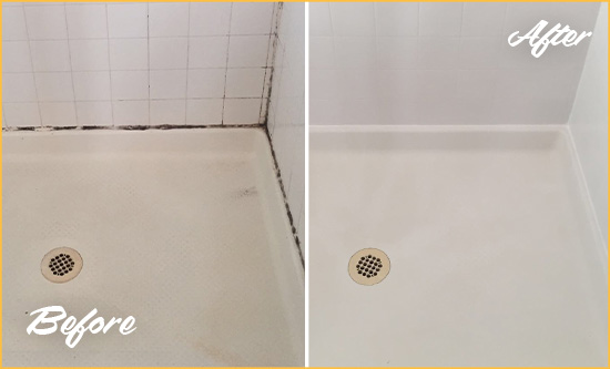 Sir Grout Caulked this Bathroom Shower and Grout to Prevent Water Damage Before and After Picture of a Grout Caulking Service