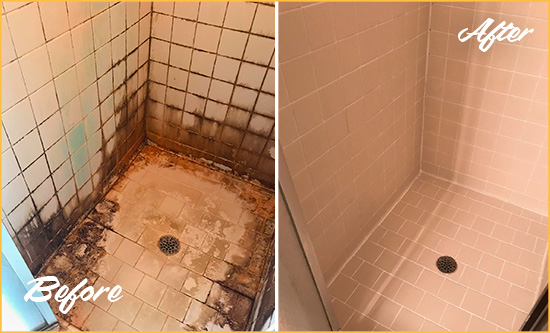 Sir Grout Removed the Mold and Mildew from this Shower with a Shower Caulking Service Before and After Picture of Shower Caulking on a Shower with Mold and Mildew