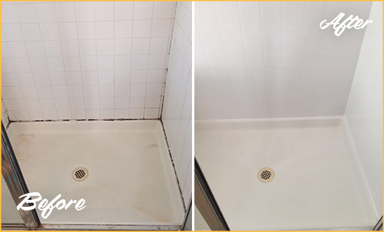 Sir Grout Restored this Shower Wall Joints with a Shower Caulking to Replace Damaged Caulk Before and After Picture of a Shower Caulking on the Wall Joints