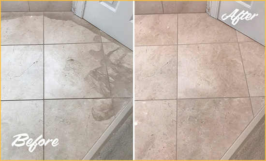 Sir Grout Cleaned the Tile and Grout in This Restaurant's Kitchen Floor To Remove Embedded Dirt and Grease Before and After Picture of Grout Cleaning in a Restaurant's Kitchen Floor
