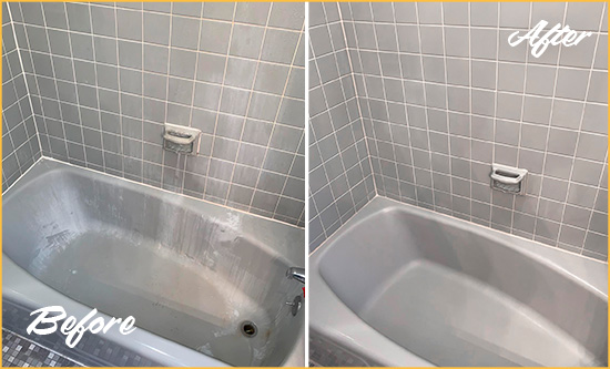 Sir Grout Cleans the Tile and Grout in This Shower to Remove Embedded Grime, Mold and Mildew Effectively Before and After Picture of a Tile Cleaning in a Grimmy Shower