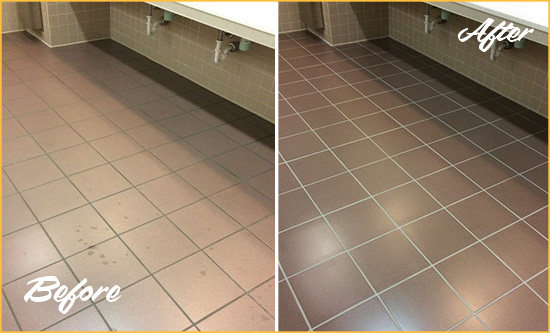 Before and After Picture of a Edison Restrooms Tile and Grout Cleaned to Remove Embedded Dirt