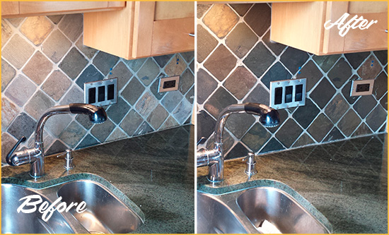 Sir Grout Caulks this Old Bridge Backsplash Caulked to Fix and Prevent Water Leaks Before and After Picture of a Old Bridge Backsplash Caulked to Fix and Prevent Water Leaks
