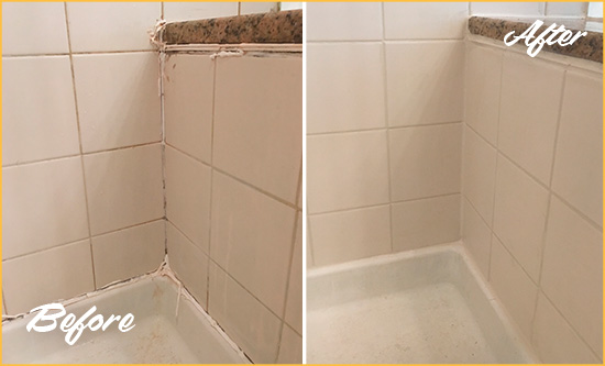 Sir Grout Caulks this Old Bridge Shower Caulked to Repair Damaged Caulking Before and After Picture of a Old Bridge Shower Caulked to Repair Damaged Caulking