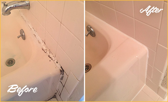 Sir Grout Caulks this Old Bridge Bathroom Sink Caulked to Fix a DIY Proyect Gone Wrong Before and After Picture of a Old Bridge Bathroom Sink Caulked to Fix a DIY Proyect Gone Wrong