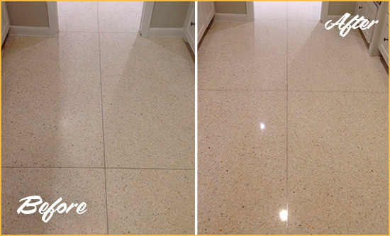 Before and After Picture of a Helmetta Granite Stone Floor Polished to Repair Dullness