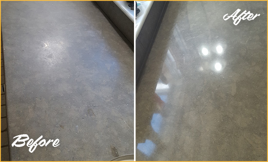 Before and After Picture of a Dull Helmetta Limestone Countertop Polished to Recover Its Color