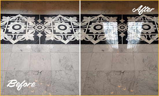Before and After Picture of a Helmetta Marble Stone Floor Polished to a Mirror Shine