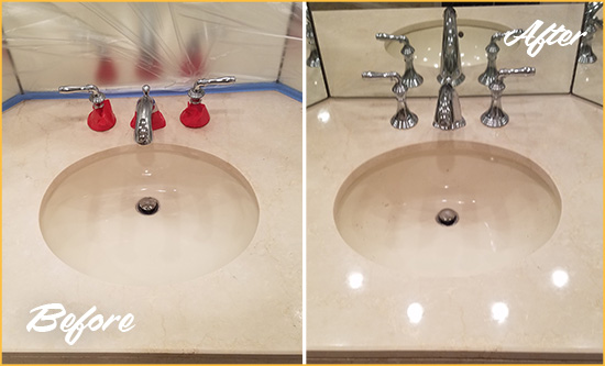 Before and After Picture of a Dull Helmetta Marble Stone Vanity Top Polished to Bring-Back Its Sheen
