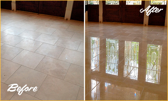 Before and After Picture of a Dull Helmetta Travertine Stone Floor Polished to Recover Its Gloss
