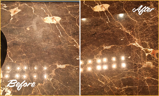 Before and After Picture of a Helmetta Marble Stone Countertop Polished to Eliminate Stains
