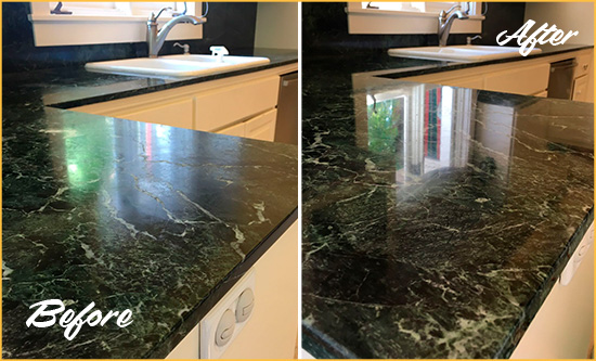 Before and After Picture of a Helmetta Marble Stone Counter Polished to Eliminate Water Marks