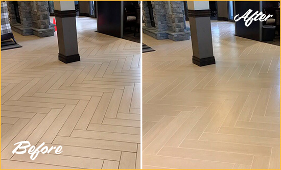 Before and After Picture of a Dirty Old Bridge Ceramic Office Lobby Sealed For Extra Protection Against Heavy Foot Traffic