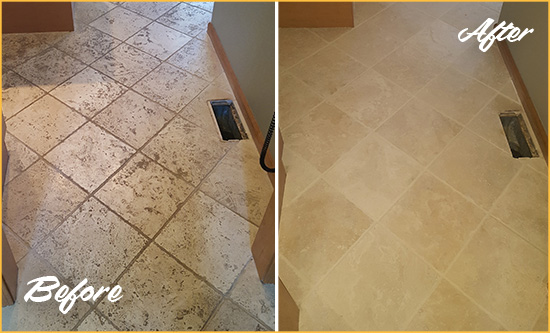 Before and After Picture of a Old Bridge Kitchen Marble Floor Cleaned to Remove Embedded Dirt