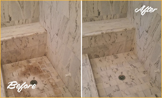 Sir Grout Cleans this Dirty Old Bridge Marble Shower to Eliminate Dark Stains Before and After Picture of a Dirty Old Bridge Marble Shower Cleaned to Eliminate Dark Stains