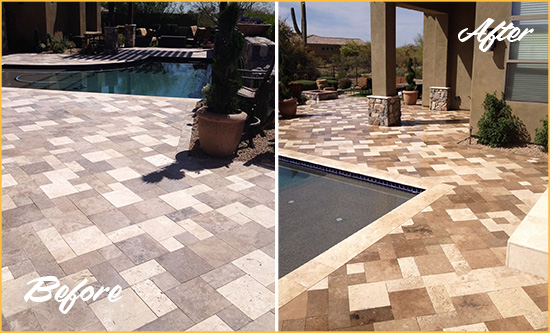Sir Grout Cleans this Dull Old Bridge Travertine Pool Deck to Recover Its Original Colors Before and After Picture of a Dull Old Bridge Travertine Pool Deck Cleaned to Recover Its Original Colors