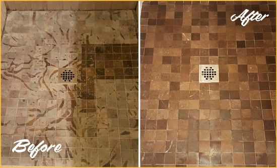 Sir Grout Cleans this Stained Old Bridge Shower Marble Floor to Remove Etch Marks Before and After Picture of a Stained Old Bridge Marble Shower Floor Cleaned to Remove Etching
