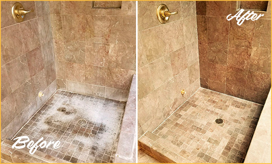 Sir Grout Cleans this Old Bridge Travertine Shower to Eliminate Water Spots Before and After Picture of a Old Bridge Travertine Shower Cleaned to Eliminate Water Spots