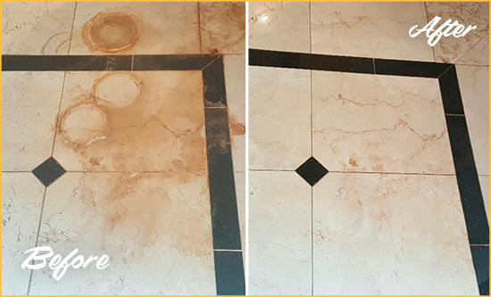Before and After Picture of a Old Bridge Marble Floor Cleaned to Eliminate Rust Stains