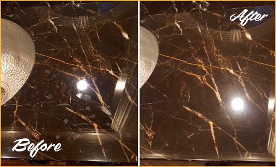 Sir Grout Cleans this Old Bridge Marble Countertop to Remove Water Spots Before and After Picture of a Old Bridge Marble Countertop Cleaned to Remove Water Spots