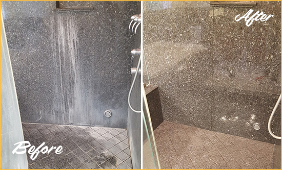 Before and After Picture of a Edison Granite Shower Stone Sealed to Avoid Mineral Deposits