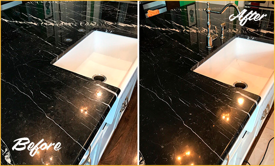 Before and After Picture of a Edison Marble Kitchen Countertop Stone Sealed to Avoid Water Damage