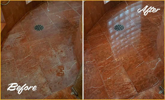 Before and After Picture of Damaged Millburn Marble Floor with Sealed Stone