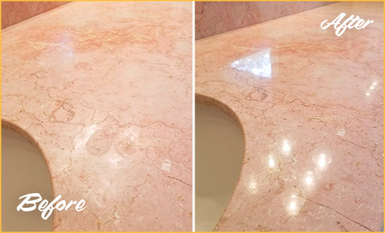 Before and After Picture of a Millburn Marble Stone Vanity Top Sealed to Avoid Water Marks