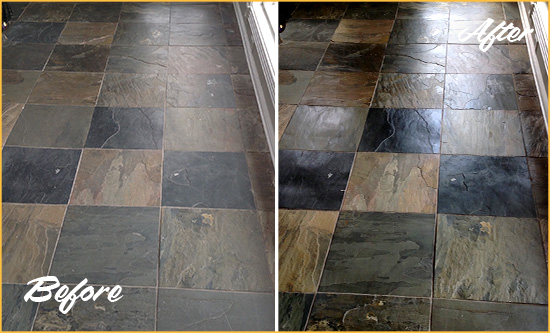 Before and After Picture of a Millburn Slate Stone Floor Sealed to Eliminate Dullness
