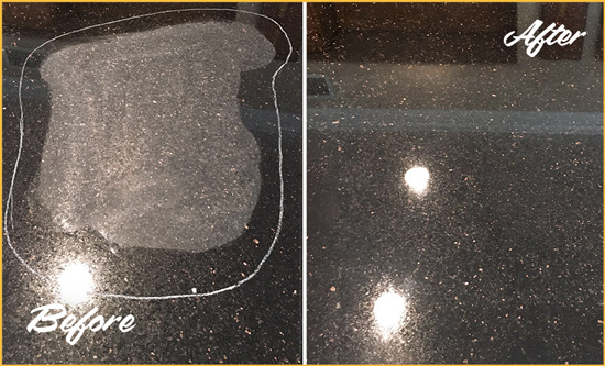 Before and After Picture of a Millburn Granite Kitchen Countertop Honed to Eliminate Scratch
