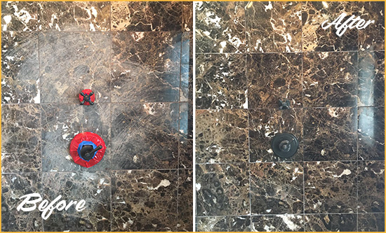 Before and After Picture of a Millburn Marble Shower Honed to Remove Scratches