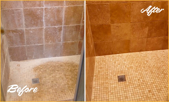 Before and After Picture of a Millburn Travertine Shower Honed to Remove Mineral Deposits