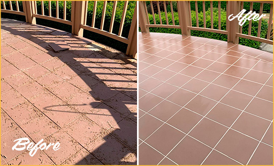Sir Grout Restored This Worn Out Edison Tile Floor Before and After Picture of a Edison Hard Surface Restoration Service on a Tiled Deck