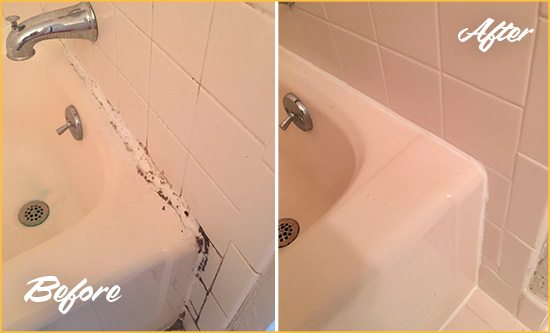 Sir Grout Restored This Edison Tile Shower to Repair Damaged Caulking Before and After Picture of a Edison Hard Surface Restoration Service on a Tile Shower to Repair Damaged Caulking