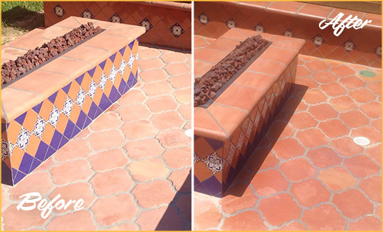 Before and After Picture of a Edison Hard Surface Restoration Service on a Dull Terracotta Patio Floor to Recover Its Color