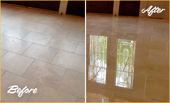 Sir Grout Restored This Edison Dull Travertine Floor to Recover Its Splendor with a Stone Polishing Service Before and After Picture of a Edison Hard Surface Restoration Service on a Dull Travertine Floor Polished to Recover Its Splendor