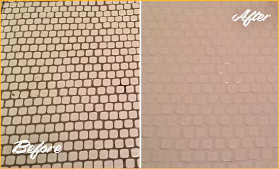Before and After Picture of a Edison Hard Surface Restoration Service on a Bathroom Tile Floor Recolored to Fix Grout Color