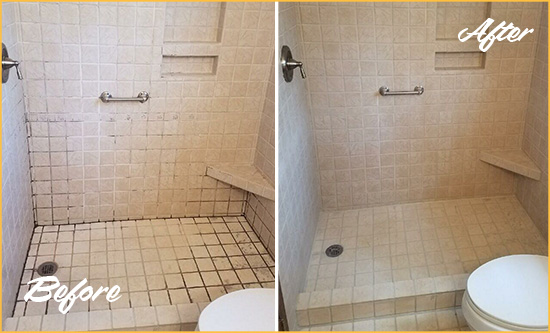 Before and After Picture of a Mountainside Shower Grout Cleaned to Remove Mold