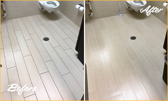 Before and After Picture of a Mountainside Office Restroom's Grout Cleaned to Remove Dirt