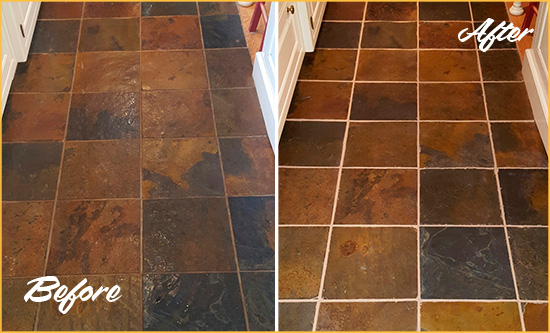 Before and After Picture of Mountainside Slate Floor Grout Cleaned to Remove Dirt