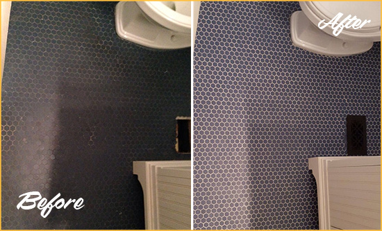 Before and After Picture of a Helmetta Blue Tile Floor Recolored Grout