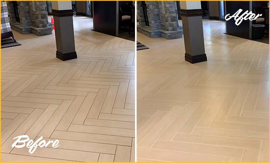 Before and After Picture of a Helmetta Office Lobby Floor Recolored Grout