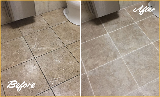 Before and After Picture of a Helmetta Office Restroom Floor Recolored Grout