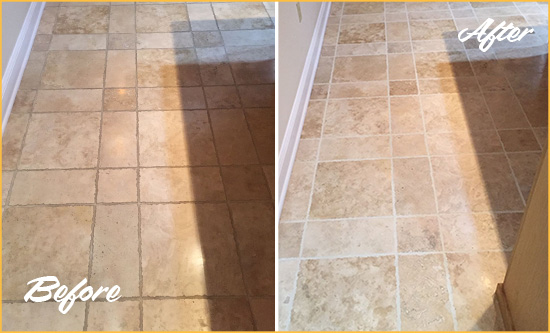 Before and After Picture of a Helmetta Travertine Kitchen Floor Recolored Grout
